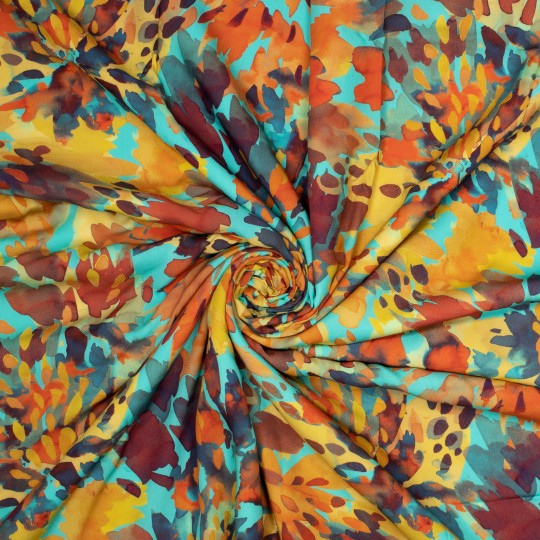 Viskosestoff – Aquarellblumen Orange / Türkis