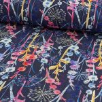 Jersey, Blumen und Pusteblumen Pink / Gelb auf Blau