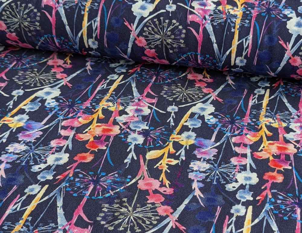 Jersey, Blumen und Pusteblumen Pink / Gelb auf Blau