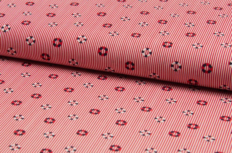 Baumwollstoff, maritimes Muster auf rot weiße Streifen