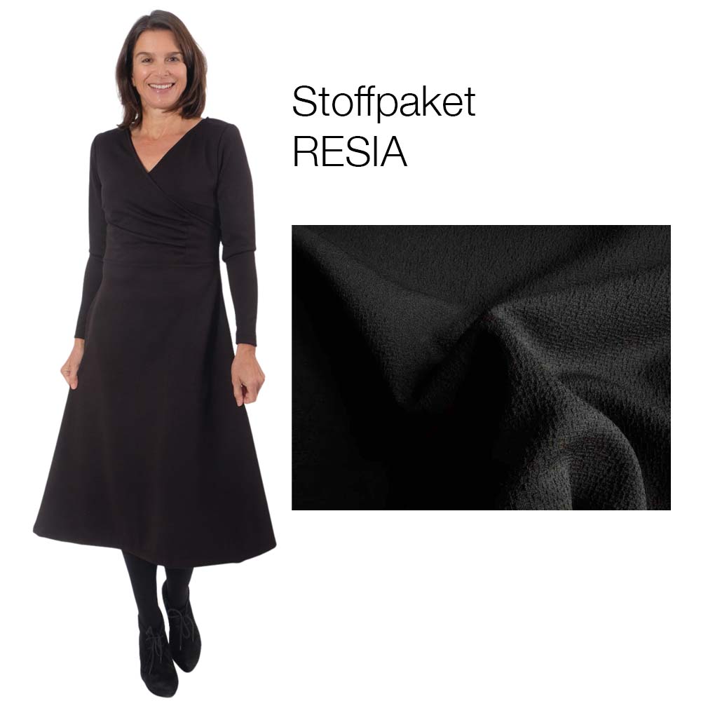 Stoffpaket Kleid Resia mit Kofferware in Schwarz (3 Meter) und Papierschnittmuster Gr. 158 – Damengr. 46